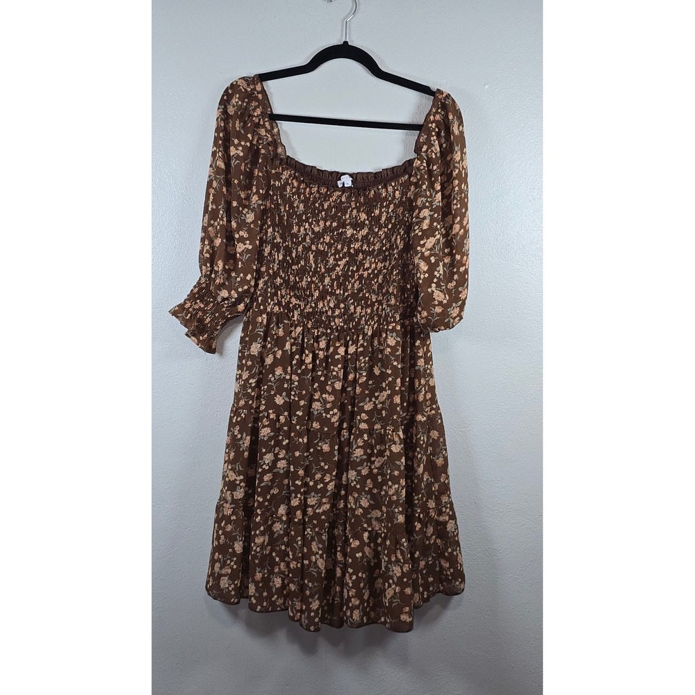 Baltic Born XL Brown Floral Smocked Tiered Mini Dress Long Sleeve Cottagecore